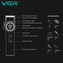 Машинка для стрижки VGR V-001 GGB (10 насадок) 4600 mAh LED дисплей Чорний - мініатюра 4