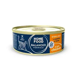 Повнораціонний беззерновий консервований корм HOME FOOD для стерилізованих/кастрованих дорослих котів з куркою в желе, 85 г