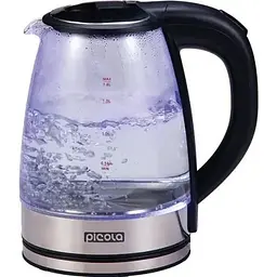 Електрочайник Picola PEK-04, чорний, 1500W, 1.8л, скло+нерж.сталь, дисковий, індикатор рівня води, захист від перегріву,