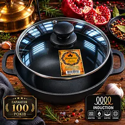 Казан узбецький чавунний зі скляною кришкою 2 л чавунний Maysternya підходить для індукційних плит 88455 - мініатюра 1