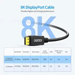 Кабель Choetech DisplayPort v1.4 XDD01BK 8K 60Hz 2 m - мініатюра 5