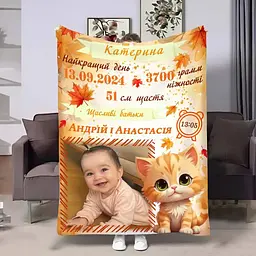 Плед 3D з метрикою Метрика для дівчинки Осіннє кошенятко 1 фото 4091_C 17151 80х100 см