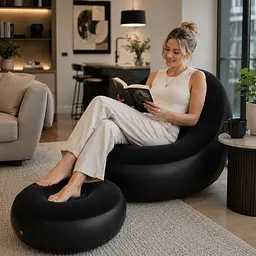 Надувний диван з пуфом Air Sofa / Надувне велюрове крісло з пуфом + насос Чорний - мініатюра 3