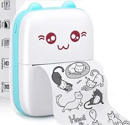 Портативний міні принтер Котик з вушками з термодруком Mini printer біло бірюзовий - мініатюра 3