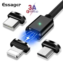 Магнітний кабель чорний ESSAGER (micro USB Type-C, Lightning) 1метр - мініатюра 2
