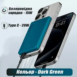 Повербанк Kuulaa MagSafe Powerbank з бездротовою зарядкою для iPhone 10000 mAh 20W Dark Green - мініатюра 4