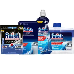 Finish Ultimate Care Set 4-в-1: Капсули для посудомийних машин Finish Ultimate All in 1, 80 шт, Засіб Finish для очищення посудомийних машин 250 мл, Сіль для посудомийних машин Finish 1.5 кг, Ополіскувач для посудомийних машин Finish, 400 мл