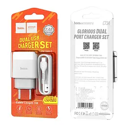 Мережевний зарядний пристрій Hoco C73A Glorious 2.4A 2USB-A + кабель USB to Type-C Білий - мініатюра 6