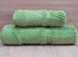 Набір турецьких бамбукових махрових рушників Zeron 50х90+70х140 Bamboo Agaс Desen зелений 2
