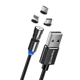 Кабель USB AM - Type-C / Lightning / microUSB, 1 м, чорний, ColorWay, 2.4A, змінні магнітні конектори, ротація на 540°, Braided