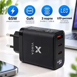 Зарядний пристрій Vinga 2xUSB-C + USB-A Display 65W (VCR65ACCDB) - мініатюра 4