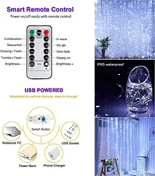 Lezonic Штора гірлянда, 3m×3m 300LED 8 режимів пульт дистанційного керування Таймер Регульована яскравість, Curtain Fairy Light - мініатюра 3
