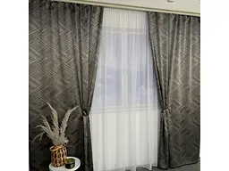 Жакардові штори "геометрія" кавового кольору 2шт. 150х270 з білим шифоновим тюлем 400х270, на тасьмі ALBO pbe0052577 - мініатюра 4