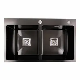 Кухонна мийка Platinum Handmade PVD HDB чорна 780x480x230 на дві чаші (квадратний сифон,3.0/1.0), Чорний