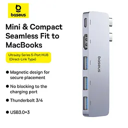 USB-хаб Baseus UltraJoy Series 5-Port HUB Space Grey (USB-C*2 to USB-C 40Gbps*1+HDMI 4K@30Hz*1+USB3.0*3） (B00052801811-04) - мініатюра 9