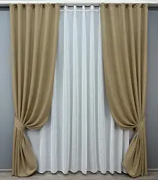 Комплект штор з тюлем VR-Textil Льон Мішковина, капучино з білим, 2 штори 150×270 см + тюль 600×270 см, арт. 71-035/5