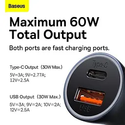 Автомобільний адаптер - зарядний на 2 виходи Baseus Golden Contactor Max Dual Fast Charger 60 W U+C - мініатюра 8