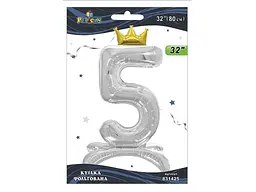Кулька фольгована цифра PELICAN 32 (80 см) 1 з короною на підставці 5 срібло