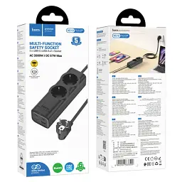 Мережевий подовжувач Hoco NS10 Wisdom 2-Position (PD67W/3C1A) Desktop Socket Black - мініатюра 6