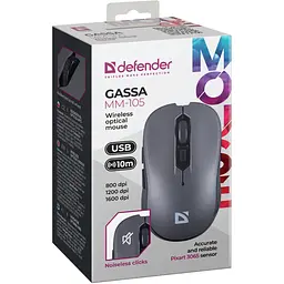 Мишка Defender Gassa MM-105, бездротова, 6 кнопок, 1600 dpi, безшумна сіра - мініатюра 3