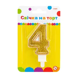Свічка Maxi золотиста двостороння з блискітками "4", 7,62 см, на торт (MX622083-4)