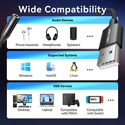 Звукова картка USB AUX jack, TRRS Ear, 0.25 м 96 кГц/24 біт 2-в-1 DSP шумозаглушення Vention - мініатюра 6