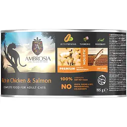 Вологий корм для дорослих котів Ambrosia Wet Food шматочки в бульйоні з куркою та лососем 195 г