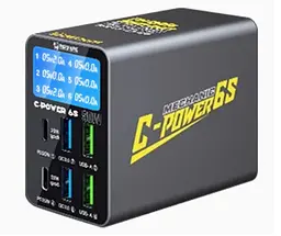Зарядна станція з цифровою індикацією MECHANIC C-Power 6S, 2*USB-A, 2*QC3.0-5В3А,9В2A,12В1.5А, 2*PD3.1-5В3А,9В2.22A,12В1.67А, 220V/50W.150*100*50mm - мініатюра 2