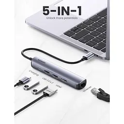 Концентратор Ugreen USB3.0 Type-C to HDMI 4K30Hz/USB 3.0x2/RJ45/PD CM418 (10919) - мініатюра 2