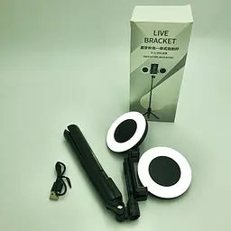 Монопод штатив для селфі Bluetooth тринога 19-70 см з LED підсвічуванням 2x8см кільця LIVE BRACKET J861 чорний - мініатюра 8