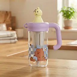 Пляшка для води скляна дитяча Capybara із ситечком 750 мл пляшка на воду для дітей та подорожей із трубочкою фільтром-заварником та захисним ковпачком 0.75 л 23х8 см Ліловий
