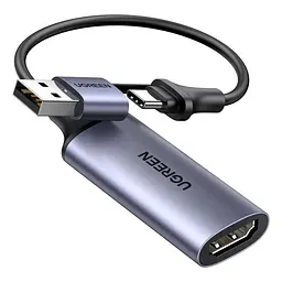 Зовнішня карта відеозахоплення UGREEN CM489 відеограбер з HDMI на USB-A або USB-C захоплення до 1080p 30 Гц вхід до 4K 60 Гц (4:2:0) або 4K 30 Гц (4:4:4) з одночасним захопленням звуку без наскрізного HDMI-виходу без підтримки HDCP HDR і 3D для OBS Studio та XSplit без встановлення драйверів живлення від USB без окремого блока живлення алюмінієвий корпус для відведення тепла вбудований кабель 0,15 м космічний сірий (40189)