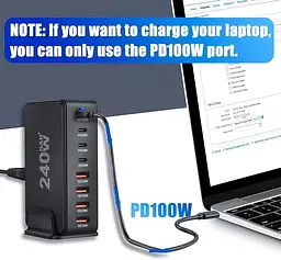 Мережева зарядна станція ILEPO 240W на 4 USB+4 Type-C мультизарядний пристрій потужний блок живлення Black (19338) - мініатюра 4
