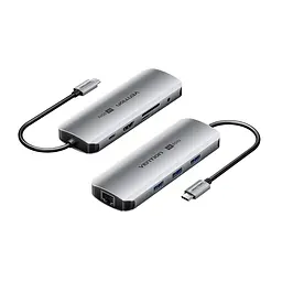 Док-станція USB-C 9-в-1 Vention HDMI до 4K 60 Гц 3 USB-A 3.0 для даних до 5 Гбіт/с Gigabit Ethernet RJ45 до 1000 Мбіт/с SD/microSD (TF) читання/запис лише однієї картки за раз комбінований аудіороз’єм 3,5 мм TRRS для OMTP/CTIA заряджання пристрою PD до 100 Вт із зовнішнім живленням через вхід PD HDMI потребує USB-C з DisplayPort Alt Mode сумісність із Thunderbolt 3/4 вбудований кабель USB-C 0,15 м сірий (TQLHB)