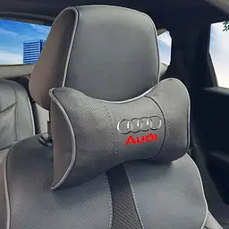 Подушка на підголівник з логотипом Audi Екошкіра 3D Кольоровий лого Чорна-Сірий кант 1 шт