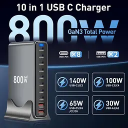 Зарядна станція ILEPO 800W багатопортова на 2 USB + 8 Type-C / мережевий мультизарядний пристрій Black (19022) - мініатюра 6