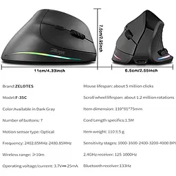 Вертикальна миша бездротова Zelotes F-35C з акумулятором RGB підсвічуванням 2.4G Bluetooth Black - мініатюра 5