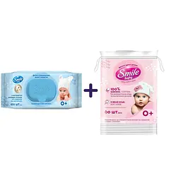 Набір: Вологі серветки Smile baby з екстрактом ромашки та алое 100 шт. + Дитячі ватні диски Smile Baby 60 шт.
