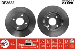 Диск гальмівний вентильований Ford Mondeo I-II, Scorpio I-III, Cougar 85-01р TRW (DF2622)