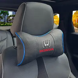 Подушка на підголівник з логотипом Honda Екошкіра 3D Кольоровий лого Чорна-Синій кант 1 шт