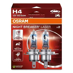 Комплект галогенових ламп OSRAM 64193NL-2HB H4 Night Breaker LASER +150% 60/55W 12V P43t (2 шт)
