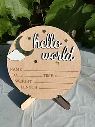 Метрика для новонародженого «Hello World» з даними малюка, дерев’яна кругла