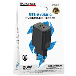 МЗП Borofone BAS83A Star PD20W+QC3.0 (1USB-A/1C) Black - мініатюра 2