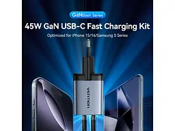 Мережевий зарядний пристрій Vention 45 W Dual USB-C GaN Black (TZ-FCDH0-EU) - мініатюра 4