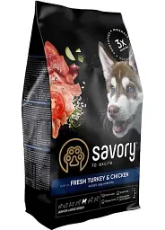 Сухий корм для цуценят великих порід Savory зі свіжим м'ясом індички та курки 3 кг