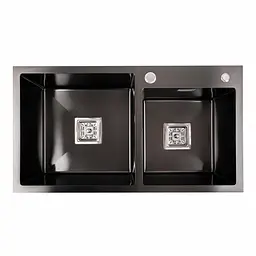 Кухонна мийка Platinum Handmade PVD HDB чорна 780x430x230 на дві чаші (квадратний сифон,3.0/1.0), Чорний
