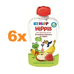 Набір органічних фруктових пюре HiPP HiPPiS Pouch Яблуко-полуниця-банан, 600 г (6 упаковок по 100 г) - мініатюра 2