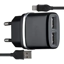 Мережевий зарядний пристрій Hoco C12 Smart dual USB charger set with Lightning cable ( EU ) 2USB 2.4A Чорний