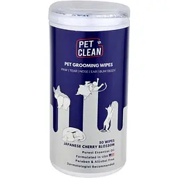 Серветки вологі Pet Clean Grooming Wipes для грумінгу домашніх тварин з ароматом квітів японської вишні 50 шт.