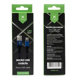Дата кабель USB 2.0 AM to Micro 5P 1m flat nylon blue Vinga (VCPDCMFNB1B) - мініатюра 4